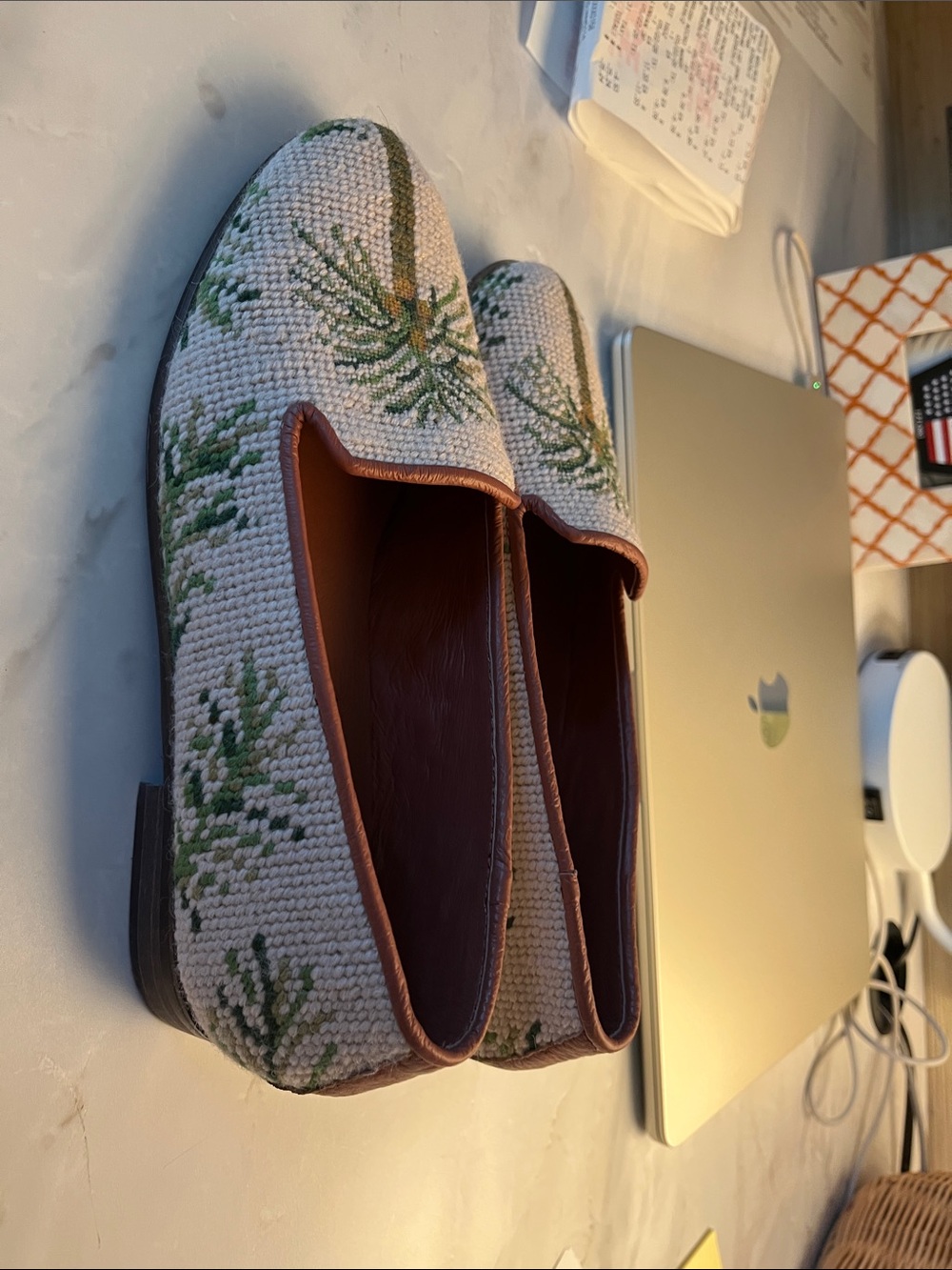Woven Floral Embroidered Loafers in Cream and Green